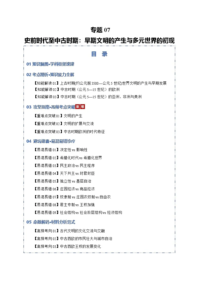 史前时代至中古时期：早期文明的产生与多元世界的初现（知识清单）2026年高考历史一轮复习讲练测第1页