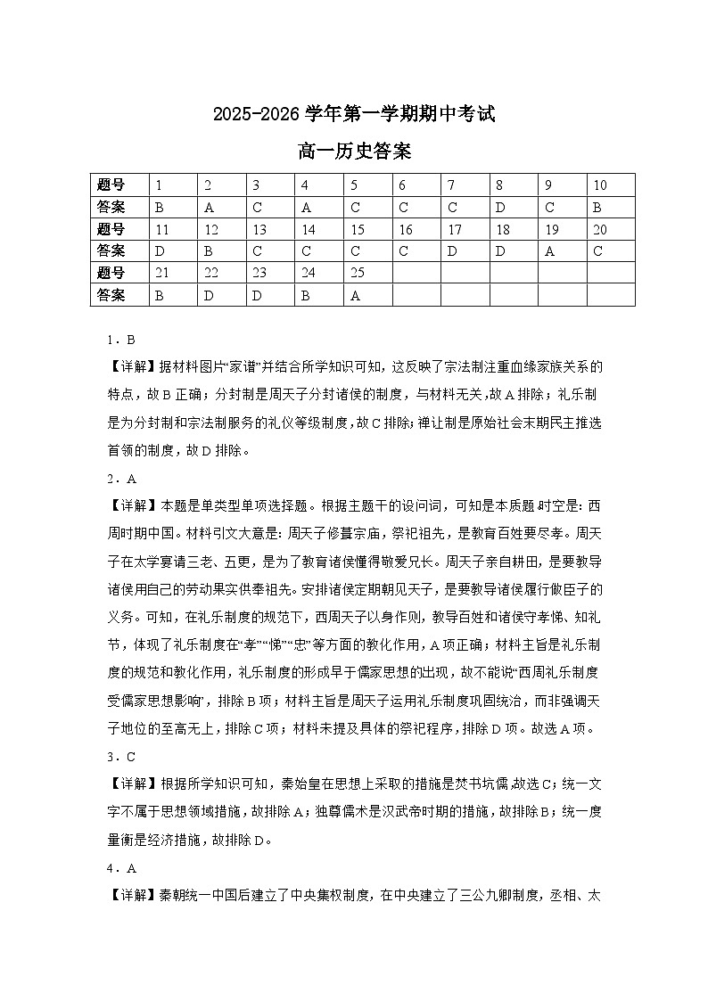 2025-2026学年第一学期期中考试高一历史答案第1页