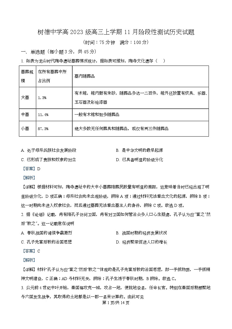 四川省成都市树德中学2026届高三上学期11月阶段性测试（期中）历史试题 Word版含解析第1页