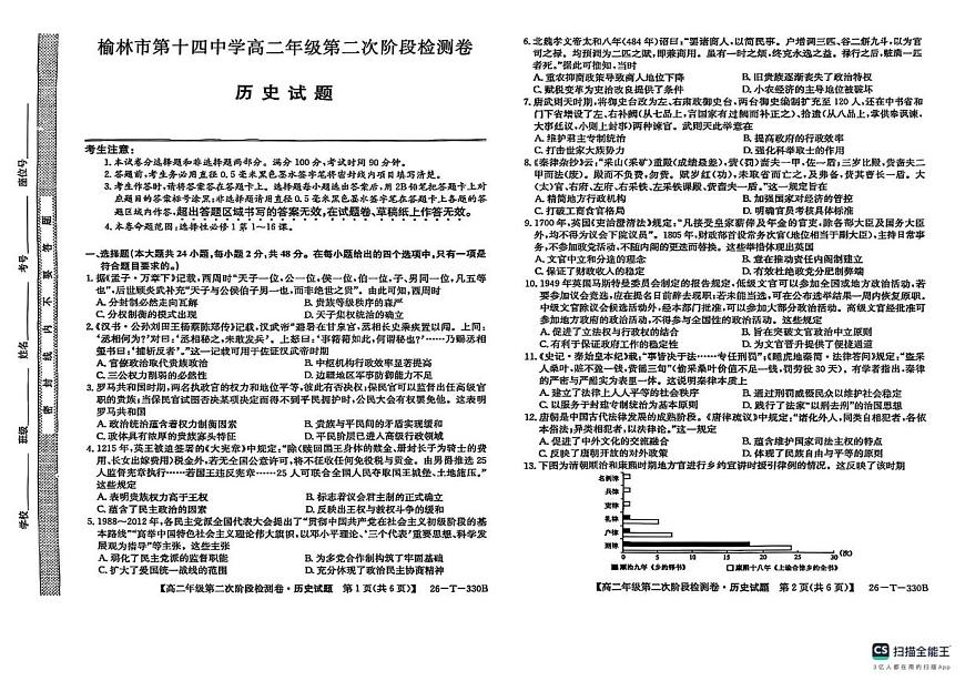 陕西省榆林市榆阳区2025-2026学年高二上学期期中考试历史试题第1页