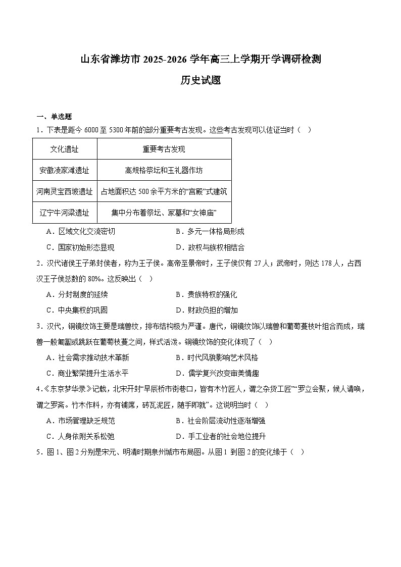 山东省潍坊市2026届高三上学期开学调研监测考试 历史试卷（含答案）第1页