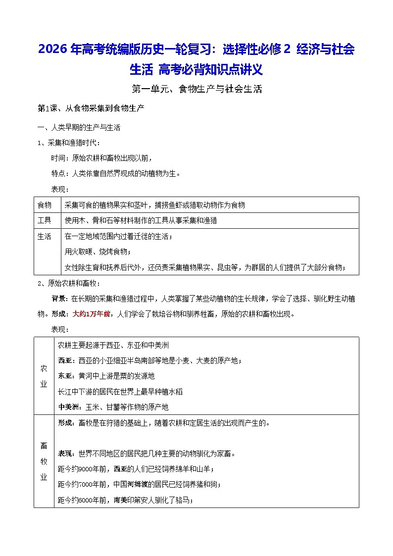 2026年高考统编版历史一轮复习：选择性必修2 经济与社会生活 高考必背知识点讲义第1页
