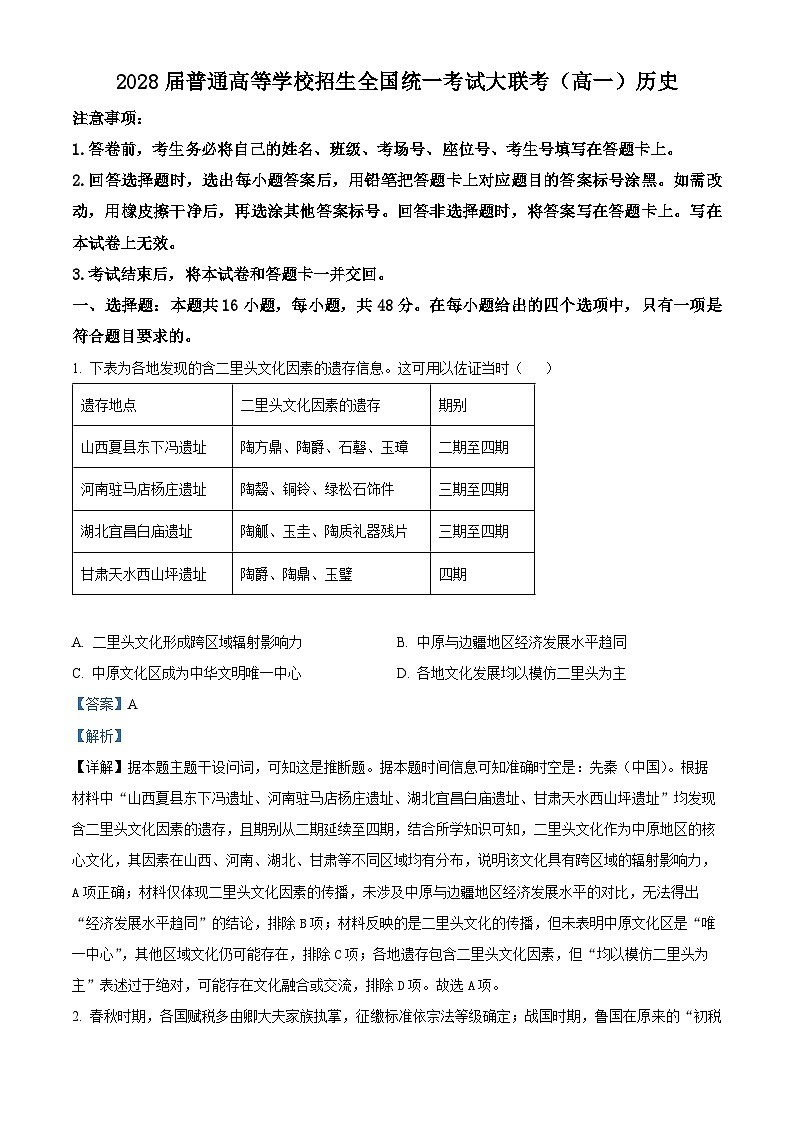 精品解析：河南省部分重点中学2025-2026学年高一上学期12月大联考历史试题（解析版）第1页