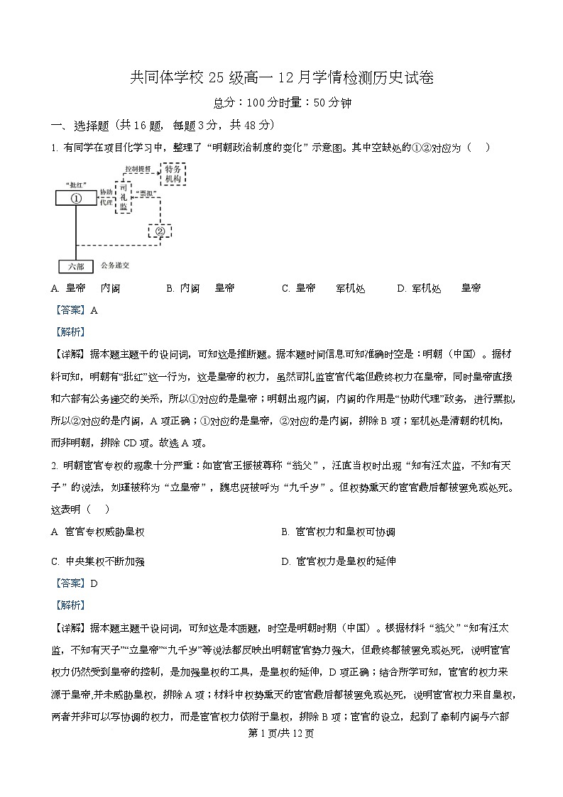 湖南省长沙市麓山共同体学校2025-2026学年高一上学期12月学情检测历史试卷 Word版含解析第1页