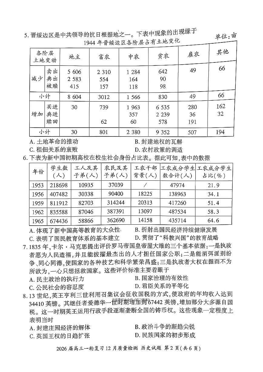 2025-2026学年百师联盟高三上学期12月历史试题无答案第2页