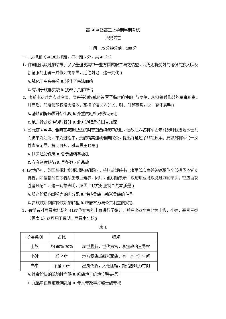 2025—2026学年度四川省达州外国语学校高二上学期期中考试历史试题（含答案）第1页