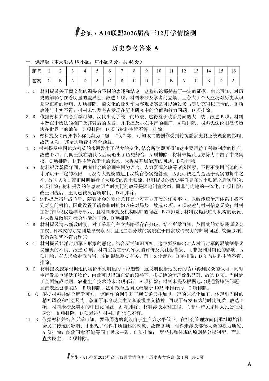 （历史A卷）1号卷·A10联盟2026届高三12月学情检测历史答案A第1页