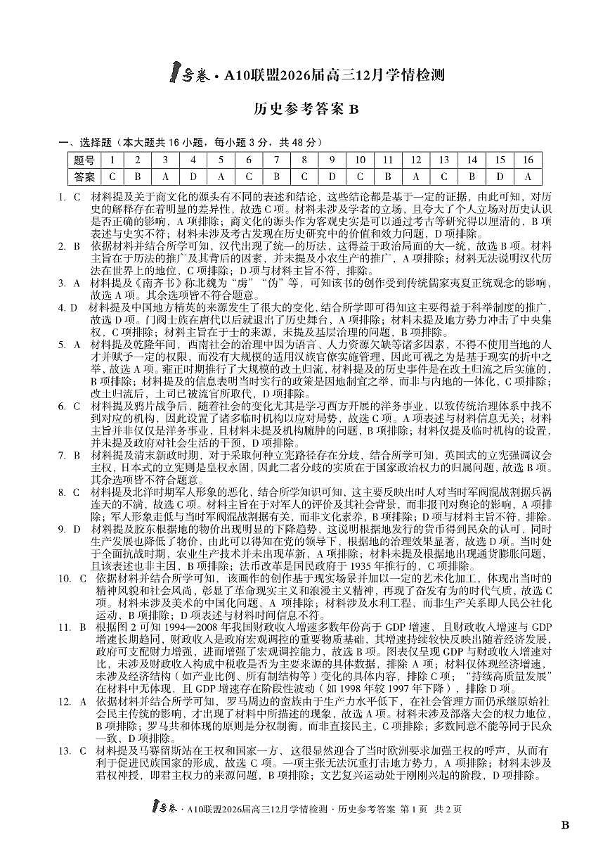 （历史B卷）1号卷·A10联盟2026届高三12月学情检测历史答案B第1页