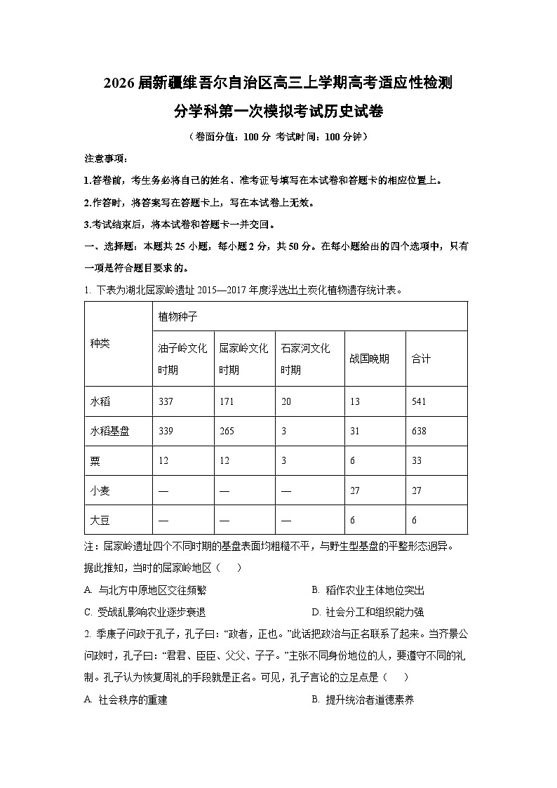 2026届新疆维吾尔自治区高三上学期高考适应性检测分学科第一次模拟考试历史试卷（学生版）第1页