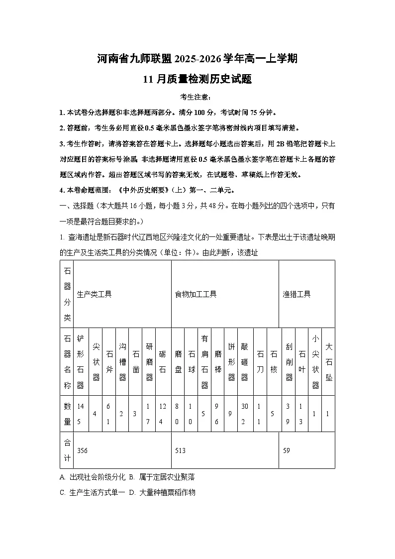 河南省九师联盟2025-2026学年高一上学期11月质量检测历史试卷（学生版）第1页