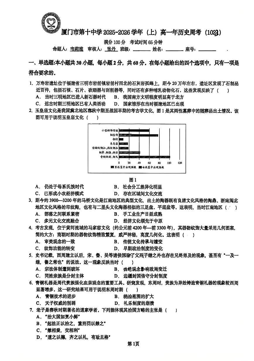 福建省厦门第十中学2025-2026学年高一上学期10月周考（10.23）历史试题第1页