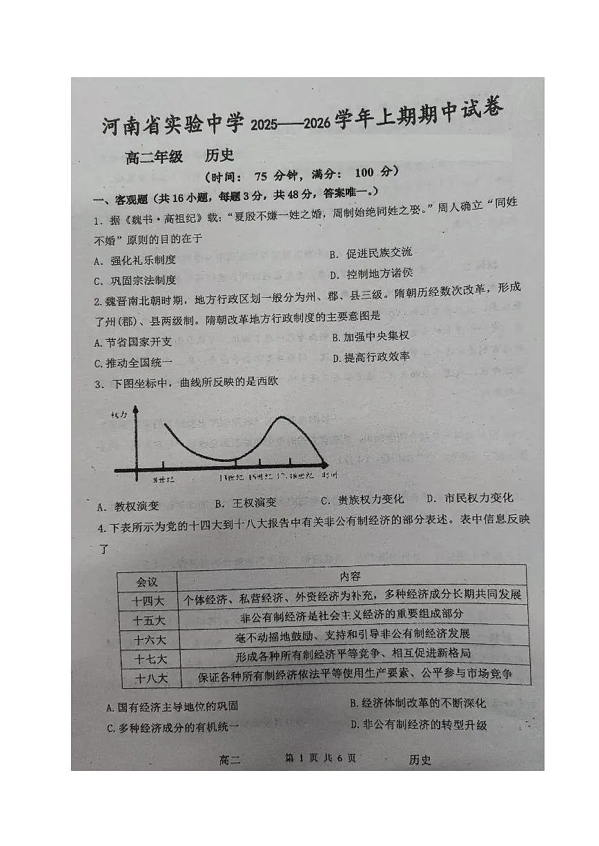 河南省实验中学2025-2026学年高二上学期期中考试历史试卷（含答案）第1页