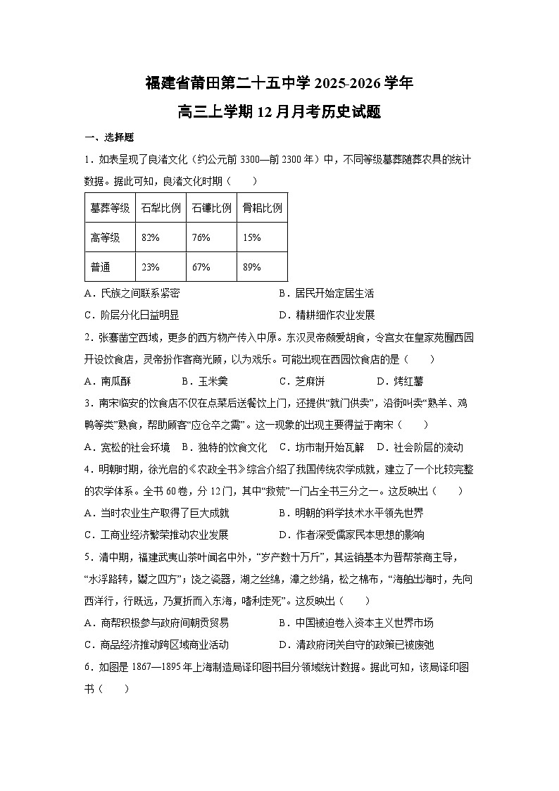 福建省莆田第二十五中学2025-2026学年高三上学期12月月考历史试卷第1页
