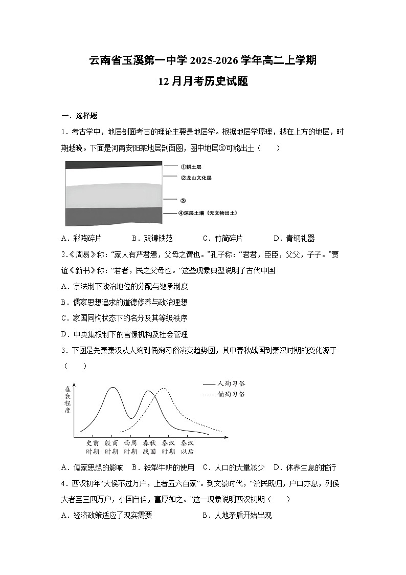 云南省玉溪第一中学2025-2026学年高二上学期12月月考历史试卷第1页
