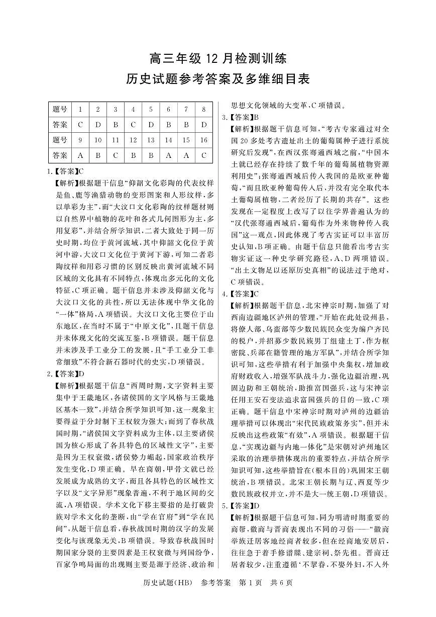 T8联考2026届高三年级12月检测训练历史(河北)答案第1页