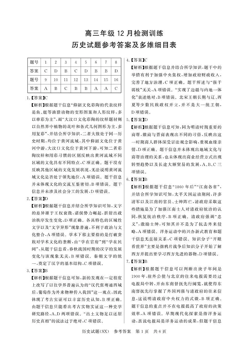 T8联考2026届高三年级12月检测训练历史(山西)答案第1页