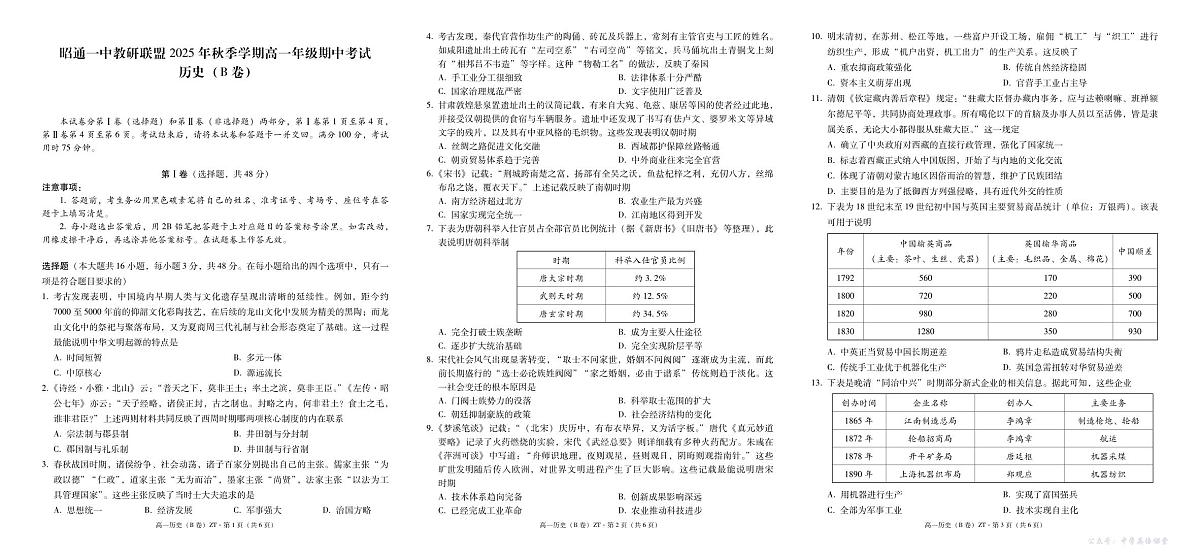 云南省昭通一中教研联盟2025-2026学年高一上学期期中考试历史（B）试卷（PDF版）第1页