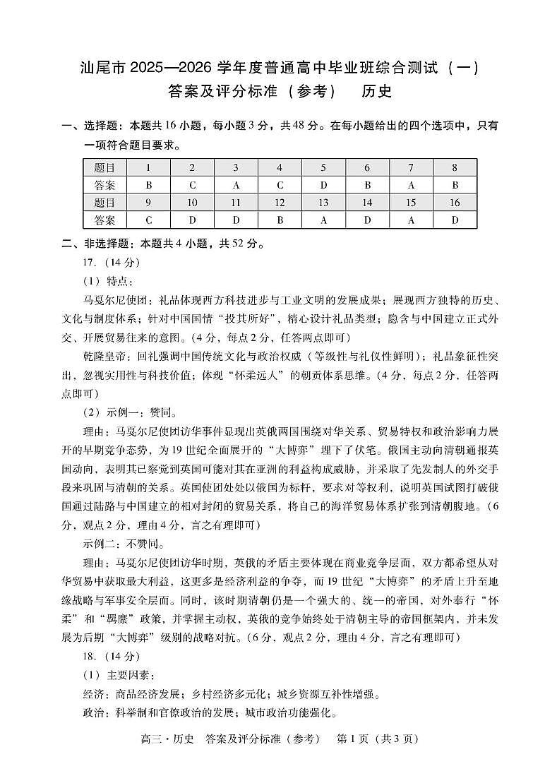历史 高三历史答案第1页