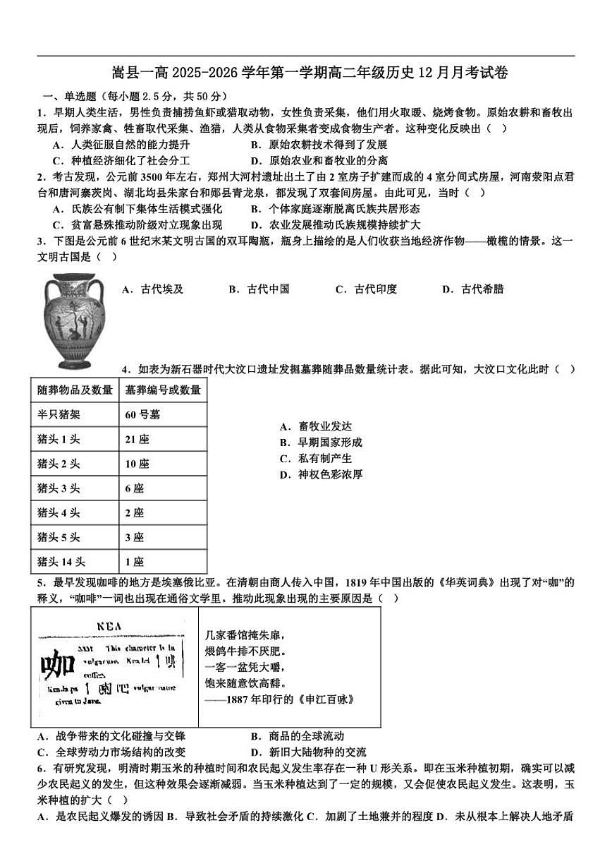 河南省嵩县第一高级中学2025-2026学年高二上学期12月月考历史试题（含答案）第1页