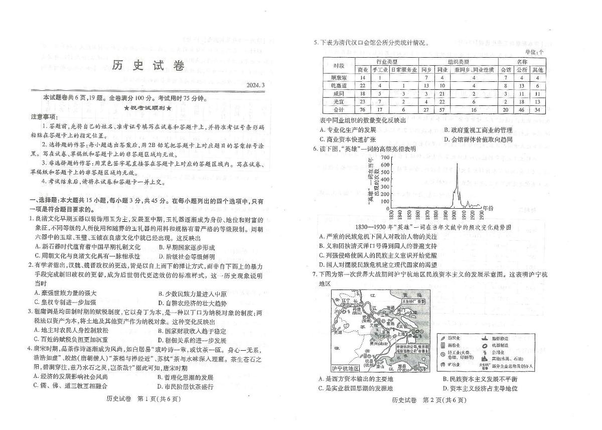 【联考】湖北省八市2024届高三下学期3月联考历史试题第1页