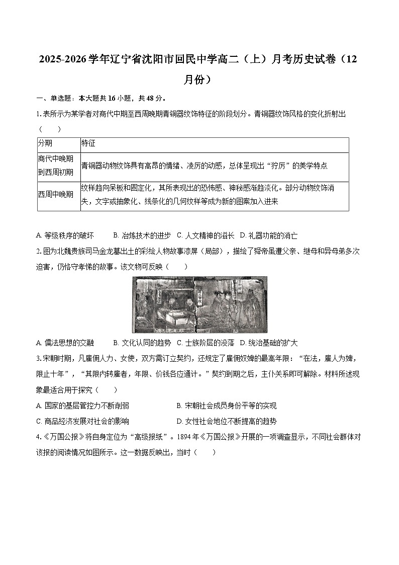 2025-2026学年辽宁省沈阳市回民中学高二（上）月考历史试卷（12月份）-自定义类型第1页