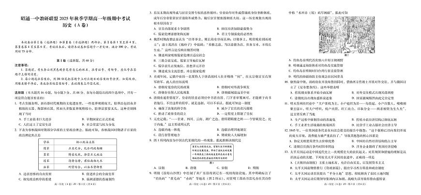 云南省昭通一中教研联盟2025-2026学年高一上学期期中考试历史（A）试卷第1页