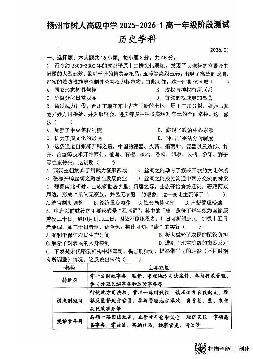 江苏省扬州中学教育集团树人学校2025-2026学年高一上学期1月月考历史试题第1页