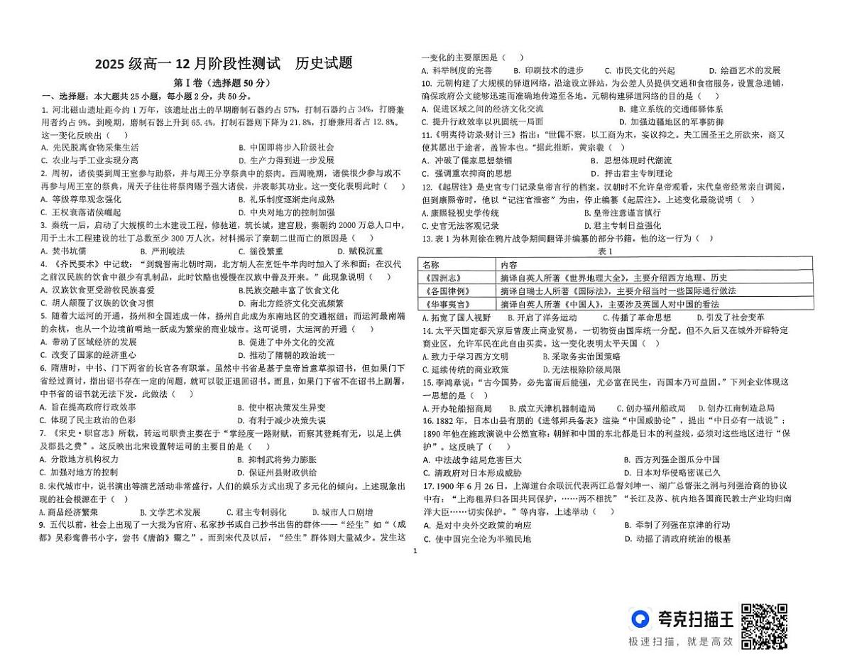 山东省德州市部分学校2025-2026学年高一上学期12月月考历史试题第1页