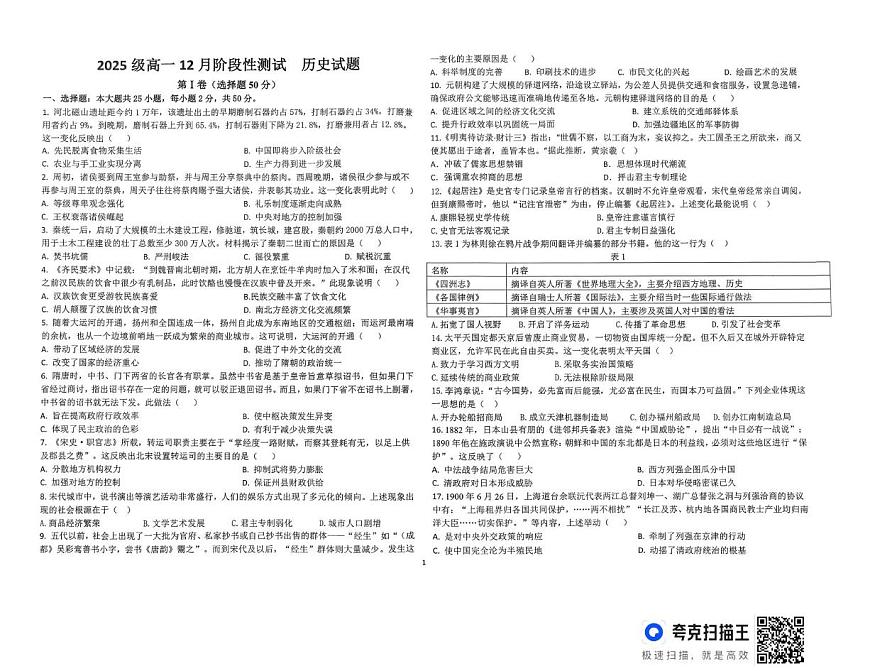 山东省德州市部分学校2025-2026学年高一上学期12月月考历史试题第1页