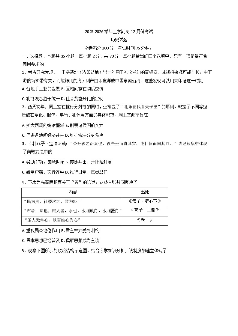 2025—2026学年度河北定州中学高一上学期12月考试历史试题（含答案）第1页