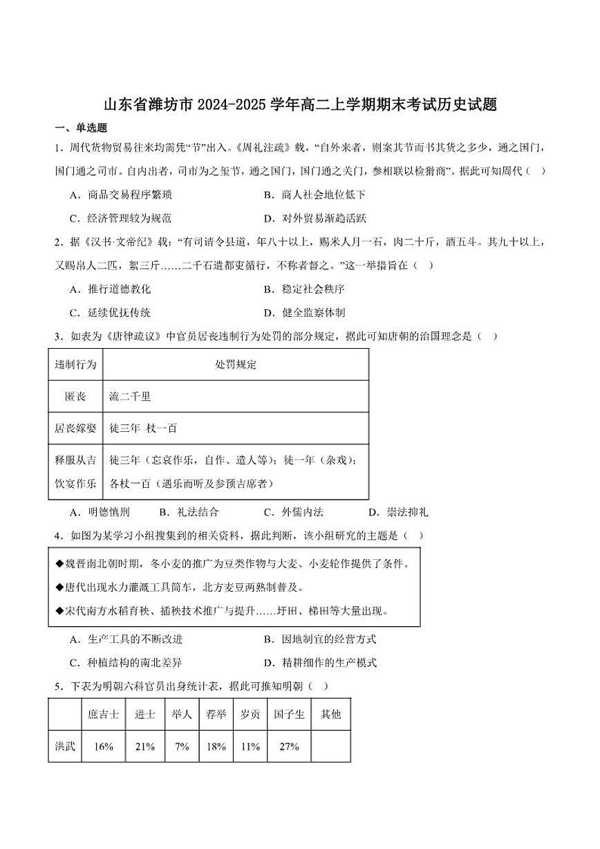 2024-2025学年山东省潍坊市高二上学期期末考试历史试卷（有答案）第1页