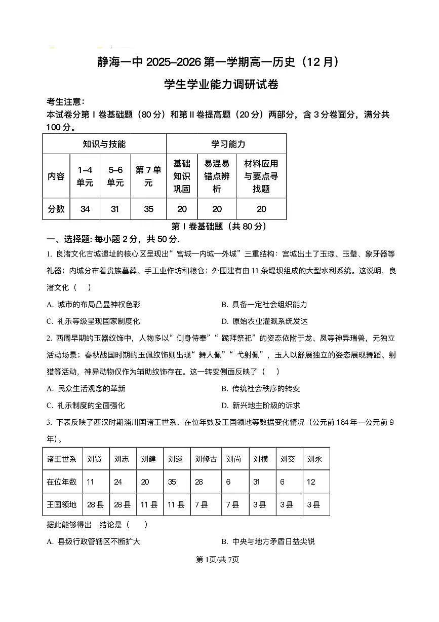 天津市静海区第一中学2025-2026学年高一上学期12月月考历史试题含答案第1页