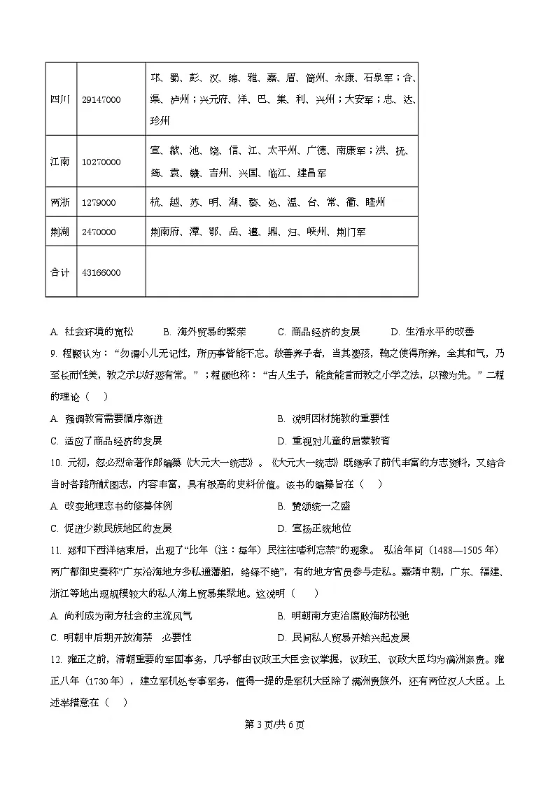 2026届安徽省高三名校名师测评（三）历史试题 Word版无答案第3页