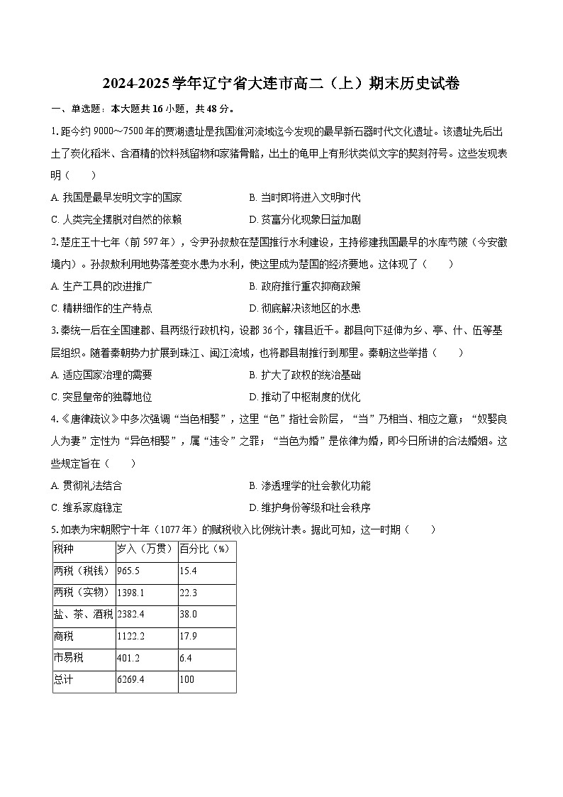2024-2025学年辽宁省大连市高二（上）期末历史试卷-自定义类型第1页