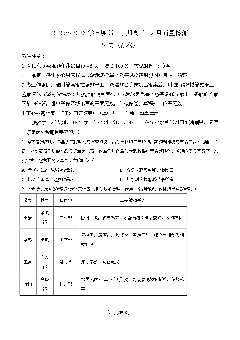 安徽省鼎尖联考2025-2026学年高三上学期12月月考历史试题  Word版无答案第1页