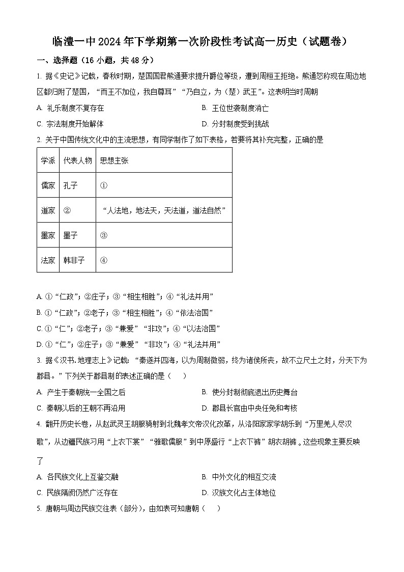 湖南省常德市临澧县第一中学2024-2025学年高一上学期第一次阶段性考试历史试题 Word版无答案第1页