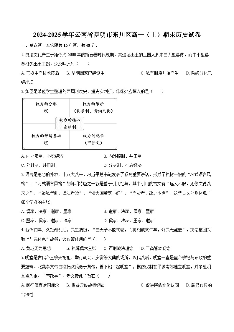 2024-2025学年云南省昆明市东川区高一（上）期末历史试卷-自定义类型第1页