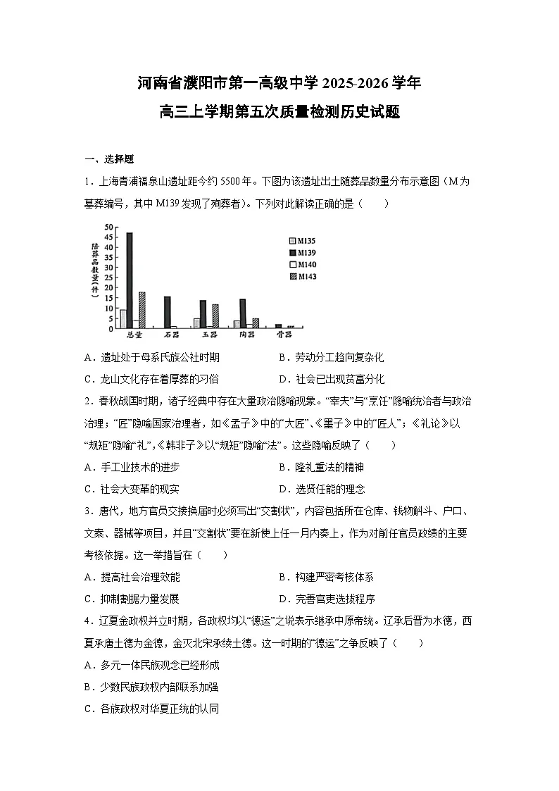 2025-2026学年河南省濮阳市第一高级中学高三上学期第五次质量检测历史试卷第1页