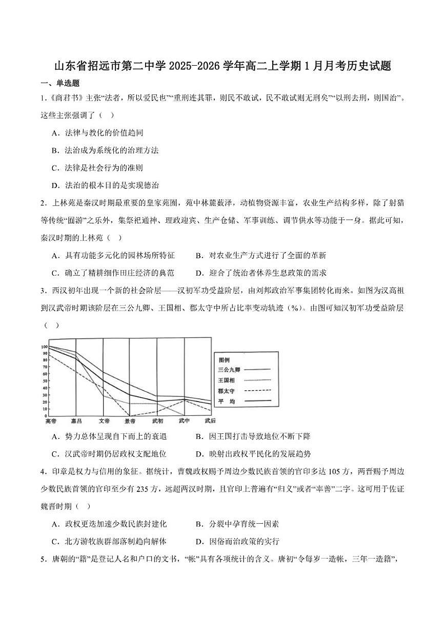 2025-2026学年山东省烟台市招远市第二中学高二上学期期末模拟历史（含答案）试卷第1页