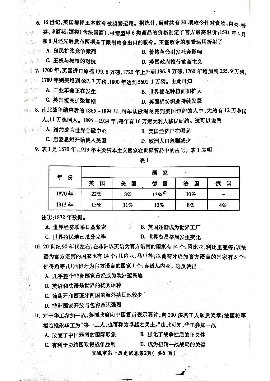 安徽省宣城市2023-2024学年高一下学期期末调研测试试题历史试题（无答案）第2页