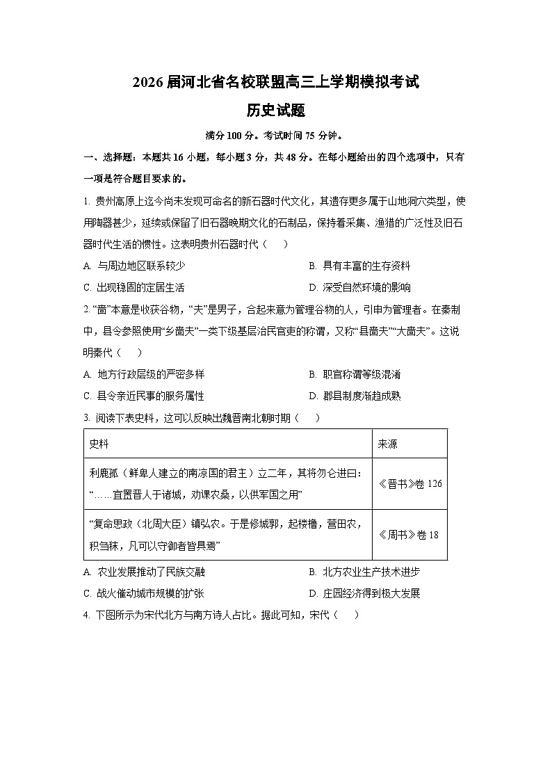 2026届河北省名校联盟高三上学期模拟考试历史试卷（学生版）第1页