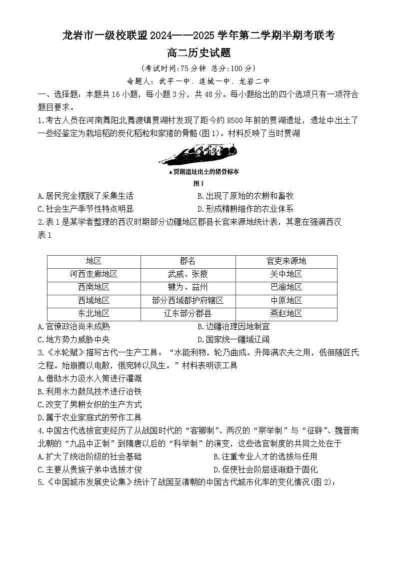 福建省龙岩市一级校联盟高二下学期期中考试历史试题-A4第1页