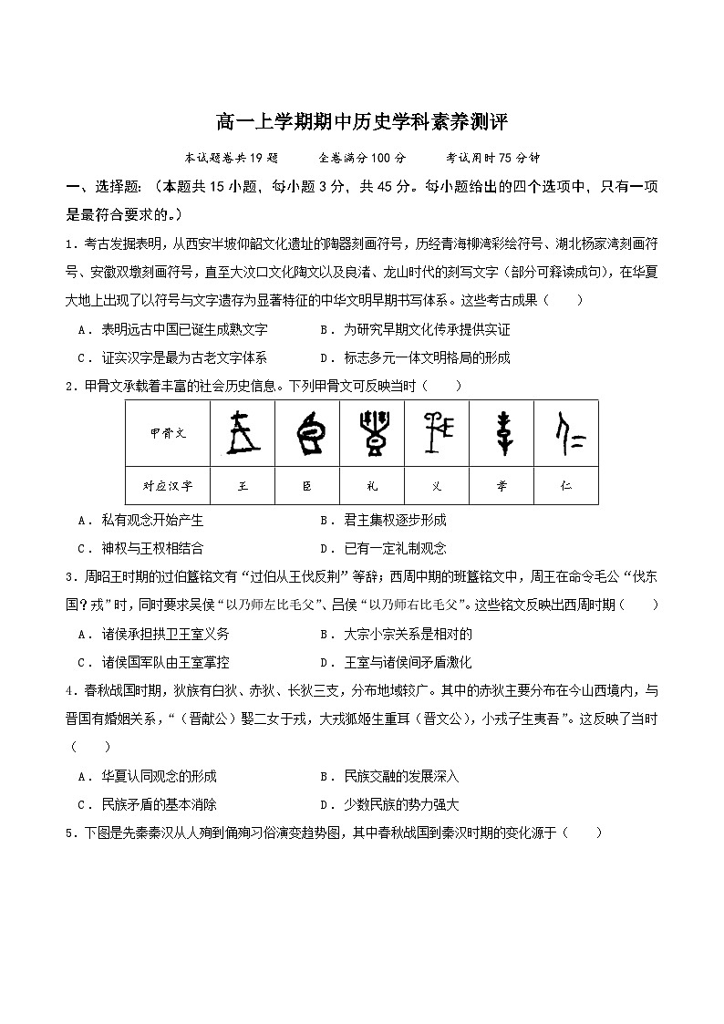 2025—2026学年度湖北利川市第一中学高一上学期期中学科素养测评历史试卷（含答案）第1页