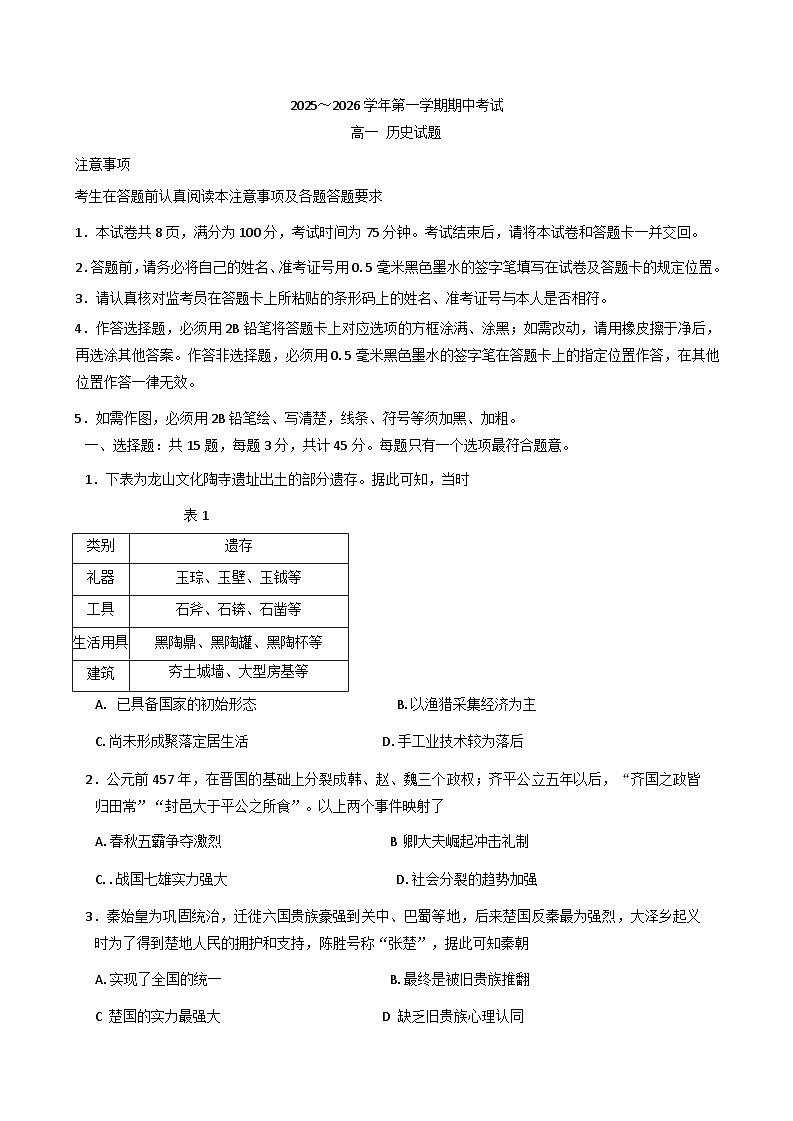 2025—2026学年度江苏省连云港市东海县高一上学期期中考试历史试题（含答案）第1页