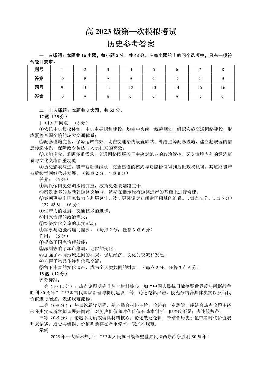 四川省广安市高2023级第一次模拟考试历史答案第1页