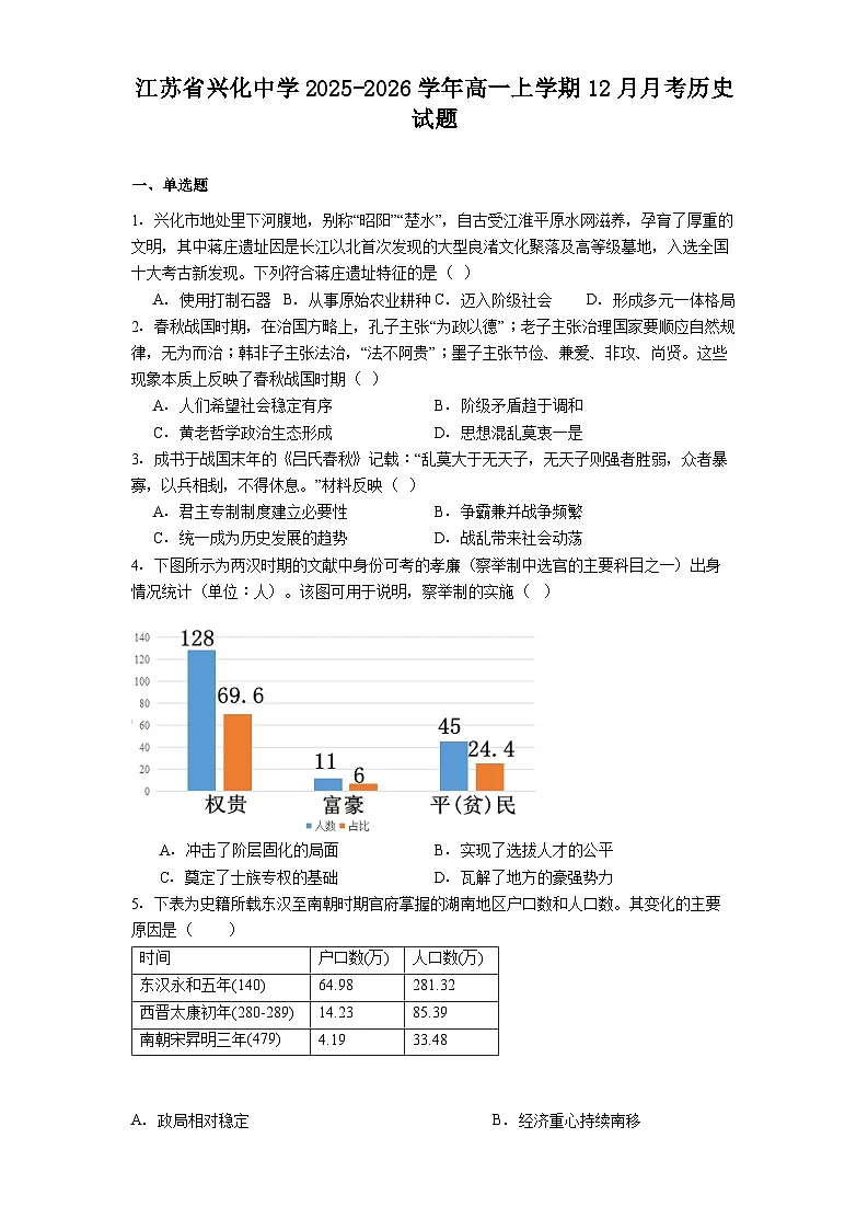 2025—2026学年度江苏省兴化中学高一上学期12月月考历史试题（解析版）第1页
