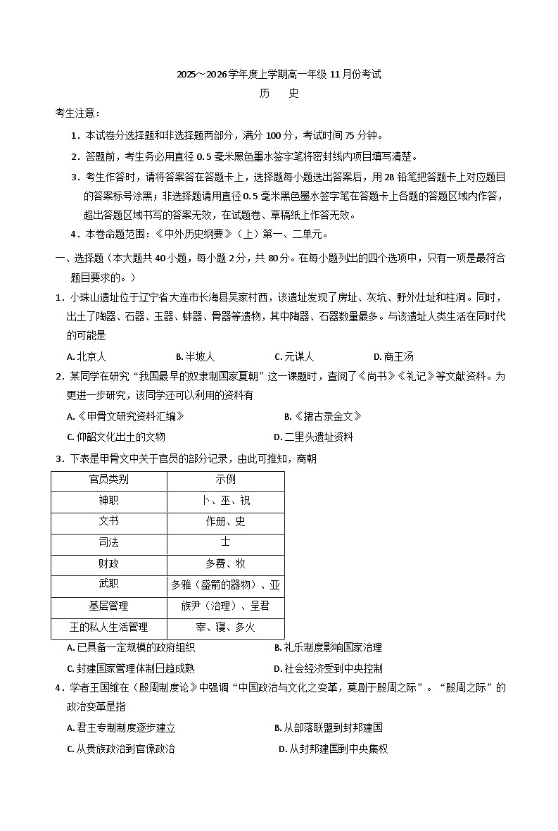 2025—2026学年度辽宁省朝阳市建平县实验中学高一上学期11月考试（期中）历史试题（含解析）第1页