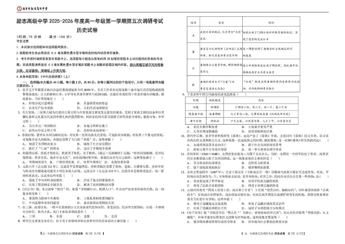 2025-2026学年江苏省南京市励志高级中学高一上学期期末考试历史（含答案）试卷第1页