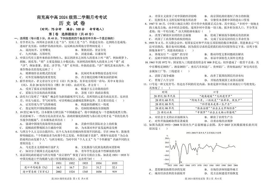 四川省南充市高级中学2024-2025学年高一下学期3月月考试题历史试题（无答案）第1页
