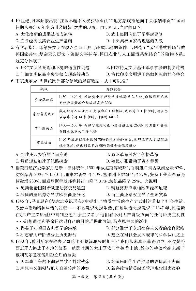 江西省上进教育联考2024-2025学年高一下学期期末考试历史试卷（无答案）第2页